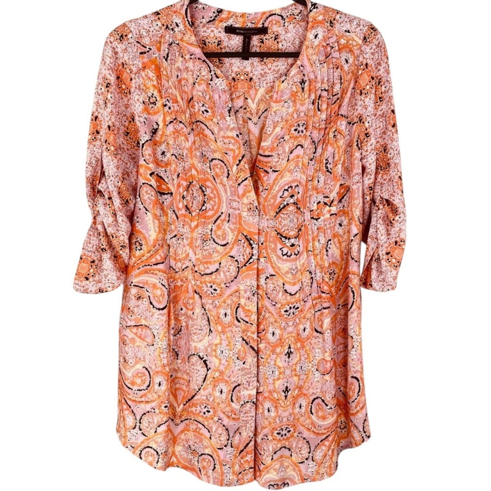 BCBGMAXAZRIA Bessie Pintuck Button Up Tunic Ambrosia Combo Paisley Print 🧡Sz L‎